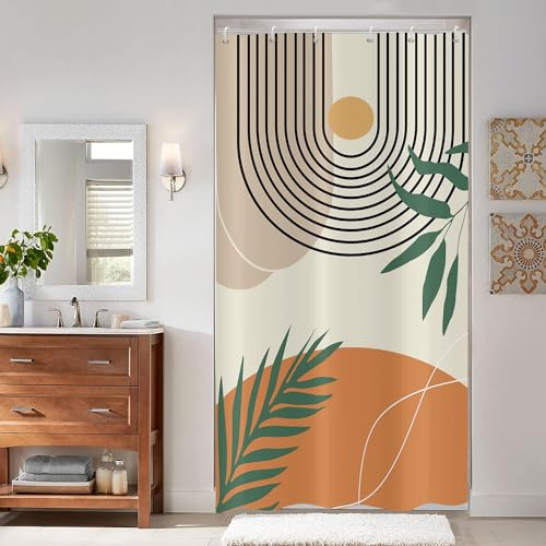 ASDCXZ Duschvorhang 90x180 cm Boho Style, Moderne Abstrakt Kunst Sonne Mond Blätter Beige Bad Waschbar Duschvorhänge Polyester Textil Wasserdicht Duschvorhang für Badewanne mit 6 Haken