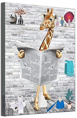 MKHFUW Lustige Badezimmer Wandkunst, Lustige Tiere Lesen Zeitungen in der Toilette Leinwand Poster für Toilette Badezimmer Tiere Kunstwerk, Rahmenlos (Giraffe,30 x 40 cm)
