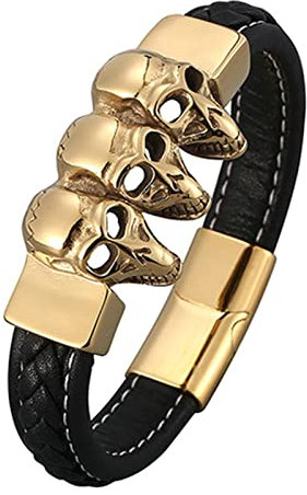 Ayoiow Männer Armband Indianer, Armband Metall Kette Leder Armband Jungs 12mm Armband mit 3 Totenköpfen