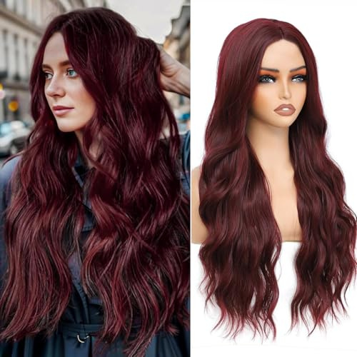 PORSMEER Lange Gewellte Weinrot Perücken für Frauen Synthetische Lockige Haarperücken Hitzebeständige Faser Natürlich Burgundy Rot 99J Perücken Mittelscheitel für Damen 26inch