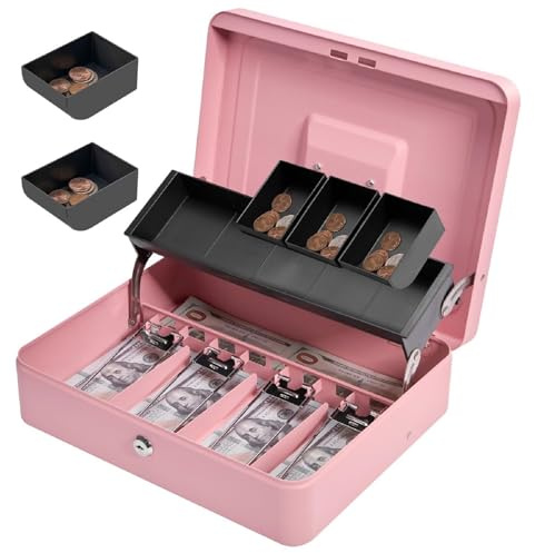 Sgorlds Cash Box Metal Money Box with Tray & Key Lock,Tiered Locking Cash Boxes,Durable Lock Safe Box with Key,4 Bill 5 Coin Slots,Cantilever Design,Large (Large, Pink)