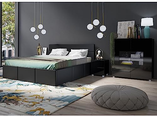 Lomadox Schlafzimmer Set 4-teilig mit Bett 160x200cm, 2 Nachttische, Highboard in schwarz Hochglanz mit grauem Kunstleder Modern