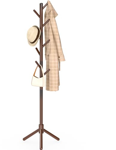 YheenLf Perchero de Pie en Forma de Árbol, 3 Alturas Ajustables, Percheros Entrada Recibidor con 8 Ganchos, Soporte para Abrigos de Madera Maciza, para Sombrero, Bolso, Marrón, 42x180cm