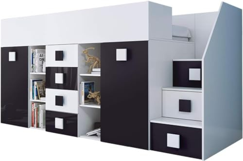 MEBLE KRYSPOL Toledo 3 Hochbett für Kinder, Jugendliche mit Stauraum - Etagenbett mit Schreibtisch, Kleiderschrank, Regal, Schubladen, Treppe - 248,5x93x123 cm - Weiß, Schwarz, Weiß + Schwarz