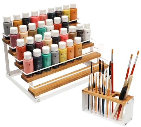 J JACKCUBE DESIGN Craft Paint & Brush Organizer, Modern Minimalist Style, 5-Tier Storage Rack, Holds 50 Paint Bottles & 17 Brushes, White
