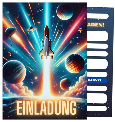 HIDEBLOOM Weltraum Einladungskarten Kindergeburtstag Junge - 12 Stück - DIN A6 (10,5 cm x 14,8 cm) - Einladung Geburtstag - Geburtstagseinladungen Jungen - Einladung Rakete
