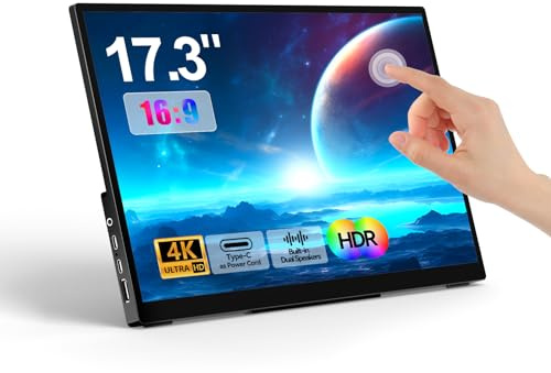 17.3 Portable Touch Screen 4K UHD 3840×2160 100% NTSC Metal Shell Tempered Glass Dual Speaker Stand and Sleeve USB-C HDMI HDR Freesync Plug & Play for PC Mac Phone