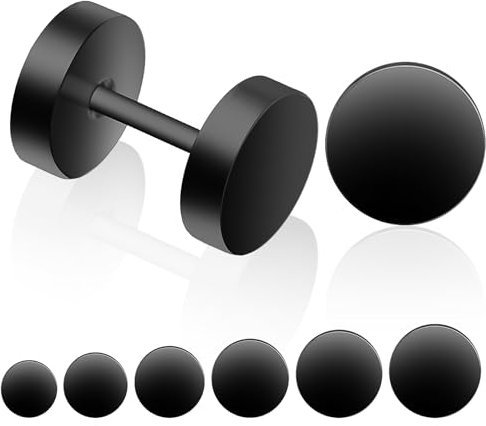12 Stück Schwarze Ohrringe für Herren und Damen - Hypoallergen Edelstahl Ohrstecker Set - Fake Plug Tunnel Piercing Hochwertig 4/5/6/7/8/10 mm