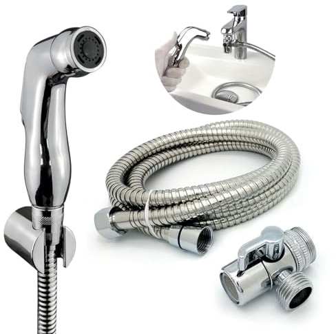 Verchromte Bidet Handbrause Set | Shattaf für Waschbecken & Toilette | Tragbar | Wasserhahn-Umsteller | Anschluss an Mischbatterie | Mit Halterung | 2 m Schlauch | Für Waschbecken & Toilette