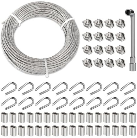 TooTaci Kit per fune metallica da 3 mm, cavo in acciaio inossidabile da 30 m/3 mm, filo di acciaio rivestito in PVC con clip per funi metalliche, anelli di crimpatura, ditale, cavo metallico