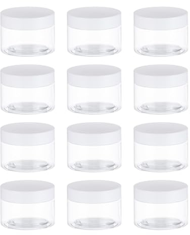 PATIKIL 4oz Plastic Jars with Lids,12 Pcs Refillable Empty Storage Jars Containers Mason Jars with White Cap for Dry Food Cosmetic Peanut Butter Candy Home Kitchen Storage, Clear