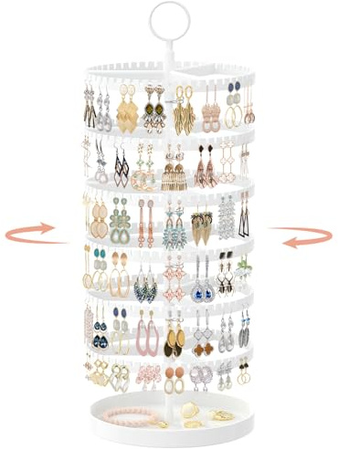iDavosic.ly Ohrring Aufbewahrung Ohrringhalter, 6 Etagen 342 Rillen, Weiß | Drehbarer Höhenverstellbarer Ohrringständer Ohrringe Organizer aus Kunststoff mit Metalltablett, Earring Stand für Ohrstecker