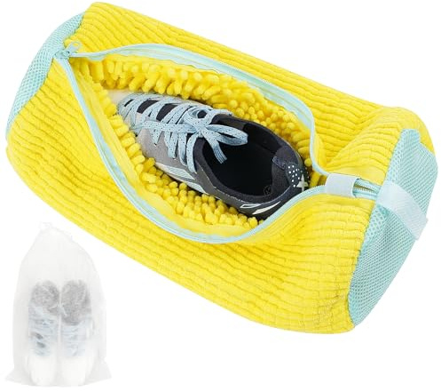 Flintronic Schuhbeutel Waschmaschine Schuhwaschbeutel, Schuhe Waschbeutel, mit 360°-Reinigungsflaum & Reißverschluss, Wiederverwendbare Netzschuhe Wäschesack, Schuhbe für Waschmaschine Trockner（Gelb）