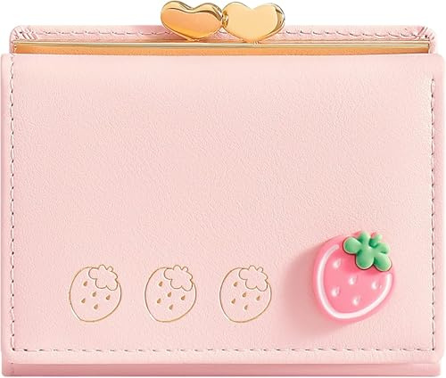 Farcauo Geldbörsen Frauen Portemonnaie Damen Pinke Erdbeer Geldbörse für Frauen Klein Portmonee mit Ausweisfach und Kartenhüllen