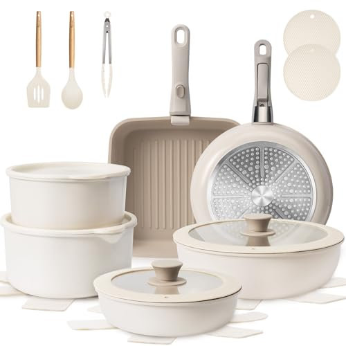 KIKCOIN Nonstick Pots and Pans Set - 22 Pack Ceramic Cookware Set with Detachable/Removable Handle - Kitchen Cooking Set with Frying Pans, Grill Pan - Stackable, Dishwasher/Oven Safe, Induction Ready