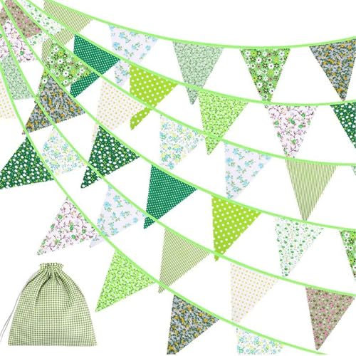 Guirlande de Fanions en Tissu, 12 m Bannière de Banderoles d'ExtéRieur, 42PCS Drapeaux de Triangle Décoration, Bannière Fleurie Vintage Réutilisable avec Sac de Rangement pour Mariage, Jardin