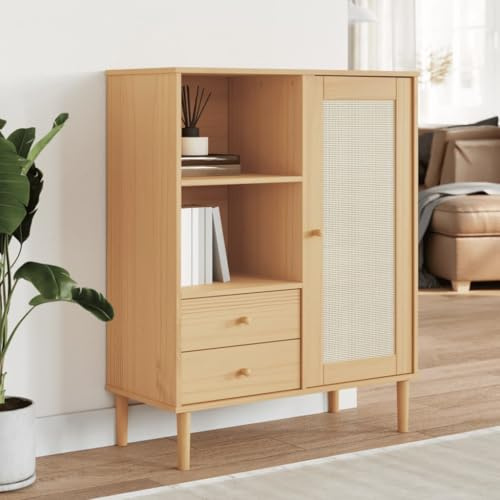 Highboard SENJA Rattan Look Brown 35.4x15.7x44.1 Solid Wood Pine