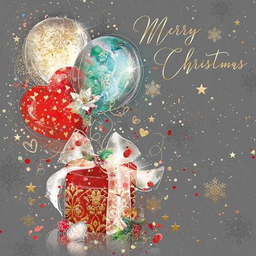Cherry Orchard 'Merry Christmas' Christmas Card - Stunning Luxury Card for Christmas with Balloon and Present Design - Grace Range - Comes with Gold Envelope - 159mm x 159mm