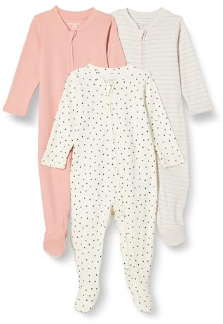 Amazon Essentials Unisex Baby Schlaf- und Spielanzug mit Fuß, 3er-Pack, Punkte/Staubrosé/Streifen, 6-9 Monate