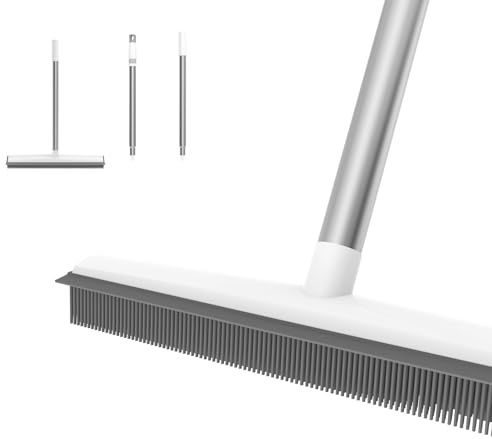 Rubber Broom with Squeegee, Pet Hair Remover 120CM Long Handle, 2-in-1 Broom & Floor Squeegee, Portable Detailing Lint Brush for Fluff Carpet, Window, Tile, Hardwood Floor Cleaning (White)