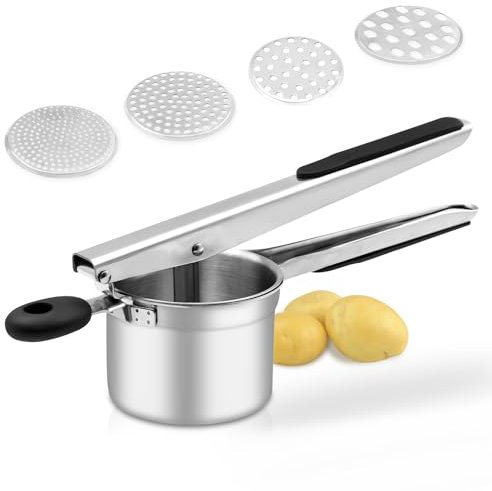 Kartoffelpresse, große, robuste Kartoffelpresse aus Edelstahl, 425 ML, zum Stampfen und Pressen von Kartoffeln, Küchenwerkzeug, Presse für Kartoffelpüree (Silver-4Discs)