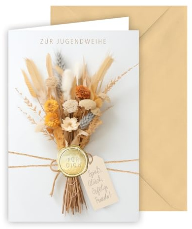 KE - Elegante Karte zur Jugendweihe, Grußkarte zur Jugendfeier, sandbraun, mit Umschlag, kleine Folienprägung in gold, Format: B6 - Motiv: Strauß Trockenblumen mit Siegel