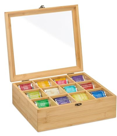 Relaxdays Scatola Porta tè e Tisane, 12 Scomparti, Cofanetto con Coperchio, HLP: 11 x 32 x 28 cm, bambù Naturale