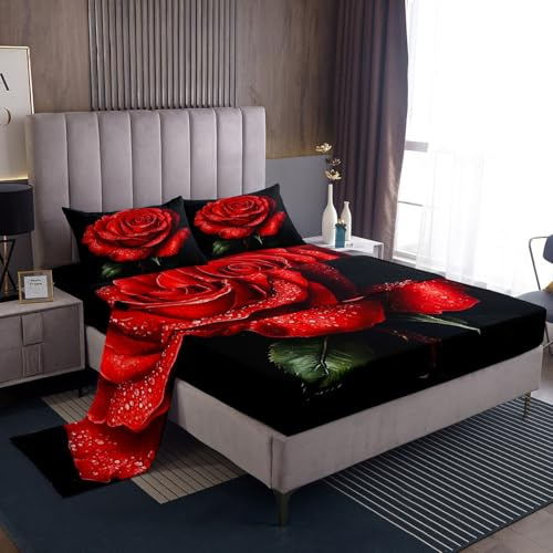 Loussiesd Set di biancheria da letto per bambini, ragazzi e ragazze, motivo floreale romantico, con rose rosse, con 2 federe, 4 pezzi, king size, 1 lenzuolo con angoli, 2 federe per cuscino, 1