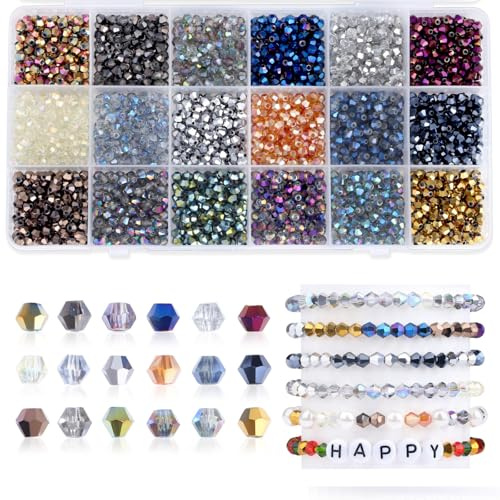 1800 Stück Glasperlen für Armbänder 4mm Perlen Zum Auffädeln | AWARDSEN Bicone Facettierte Kristallperlen Bastelperlen DIY Machen Set Beads für Schmuck Basteln(Electroplated Color)