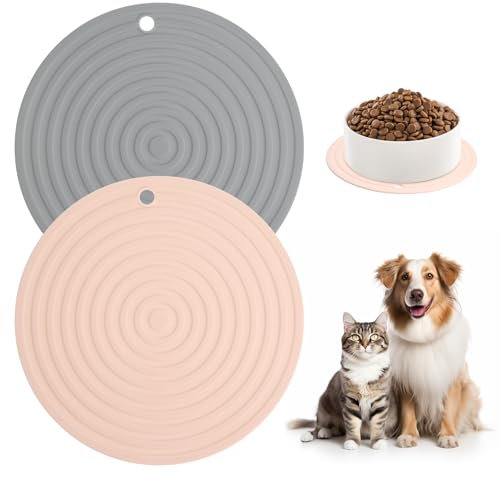 APOMOONS 2 Stück Napfunterlage Rund Silikonmatte Hundenapf Unterlage Futterunterlage Fressnapf Futtermatte Matte Katzenfutter Futternapf Hund Katzen für Mittlere und Kleine Topflappen Rosa + Grau 24cm