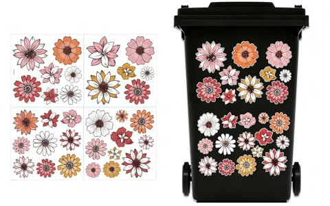 Wheelie Bin Stickers, Tivleed Sticker, Floral Stickers - 32 Colourful Daisy Decals, 4 Self-Adhesive Sheets for Bin, Fridge, Wall Indoor Outdoor Decoration