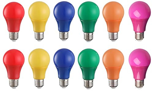 HUAMu Bunte Glühbirnen E27, 3W LED Farbige Glühbirne, A60 Farbig Leuchtmittel Lampe für Hochzeit Halloween Weihnachten Party Bar, Rot Gelb Blau Grün Orange Violett, 12 Stück