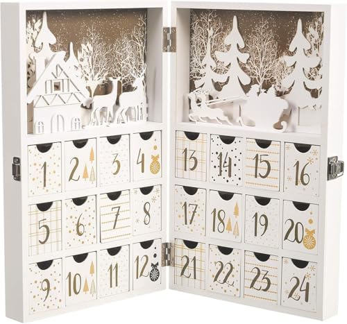 M MINGLE Wooden Advent Calendar, Christmas Countdown Calendar Decoration with 24 Drawers, Snow, House, Tree, Reindeer