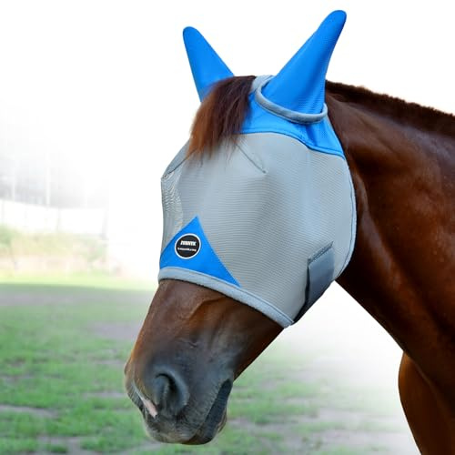 Fornyk Horse Fly Mask, Adjustable Fly Masks for Horses with Ears, Breathable and 70% UV Protection, Comfort Mesh Without Nose Cover, Horses Accessories (Grey, Blue, Large)