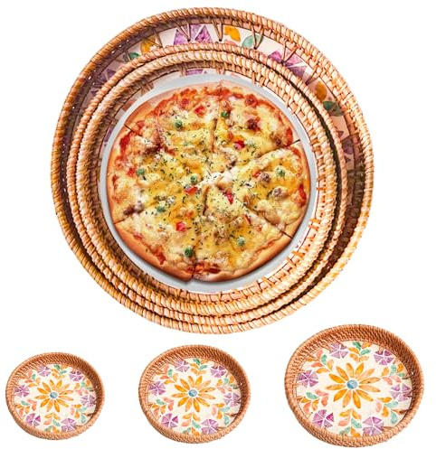 Joyeee 3 Stück Runde gewebte Tablett Stapelbar Rattan Brotkörbe für Dekoration, Schlüssel, Geldbörse, Handy, Tischständer, dekorative Essensständer