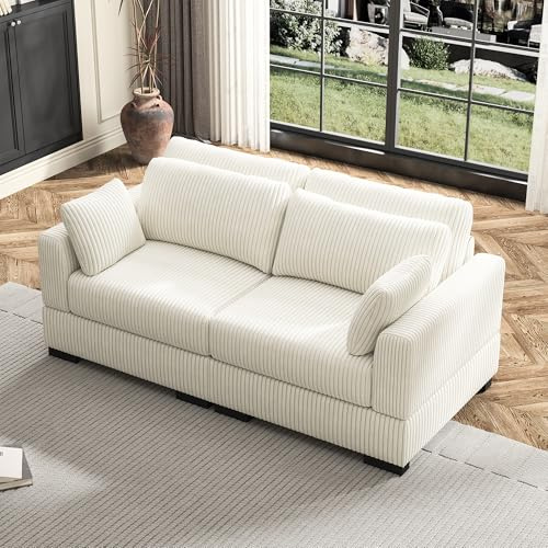 SUNFECILI 2-Sitzer Sofa aus Cordstoff, Couch mit Kissen und Breiten Armlehnen, verschiebbare Sitze, gepolsterte Sessel, modulares Wohnzimmersofa (Beige, Linke + rechte Armlehne)