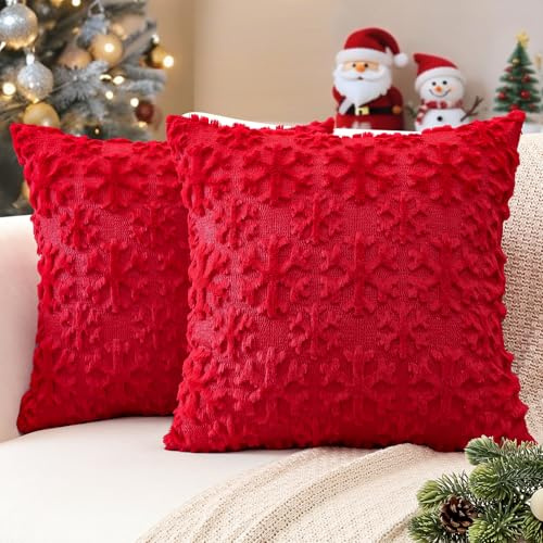 JOTOM 2er Set Weihnachten Kissenbezüge, Plüsch Kurze Wolle Dekorativ Zierkissenbezüge Schneeflocken Kissenhüllen Sofakissen Kissenbezug Weihnachtsdeko für Wohnzimmer Garten (50x50cm, Rot)