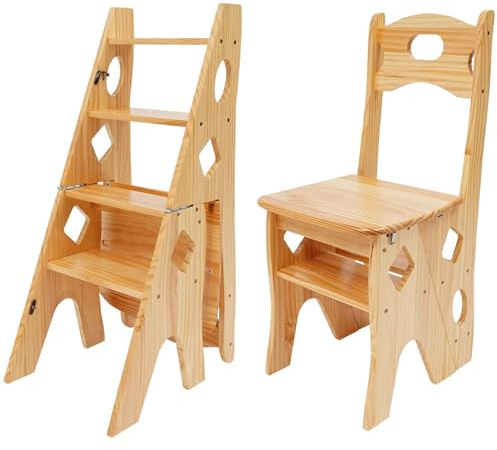 RjcdOPL Escabeau Chaise 2-en-1 à 4 Marches, Chaise Échelle Pliable, Bois de Pin Verni, Capacité 100 kg, Léger et Polyvalent, pour Salon, Cuisine, Bibliothèque, Jardin (Couleur Bois)