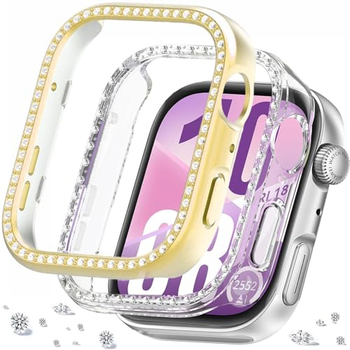 DEALELE [2-pack] klockfodral kompatibelt med Huawei Watch FIT 4, glitter strass diamant PC skyddande hölje hölje ersättning klockor skydd tillbehör för män kvinnor (guld + transparent)