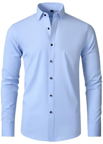 Chemise habillée extensible à manches longues pour homme, chemise formelle, smoking, chemise unie, professionnelle, décontractée, chemise boutonnée noire, bleu clair, L