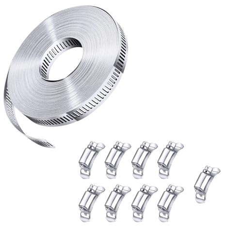 Kit di fascette stringitubo fai da te da 9,15 m, cinturino in acciaio inossidabile 304 con 9 elementi di fissaggio, fascia di trasmissione regolabile da tagliare a misura, grandi clip in metallo per