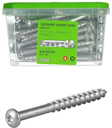ESSVE betongskruvar set 8,0 x 90 mm TX30 runt huvud CORRSEAL C4 – 100 stycken vardera | för Ytong, Siporex, Leca | utan förborrning | hög lastkapacitet | specialgänga | ESSBOX+