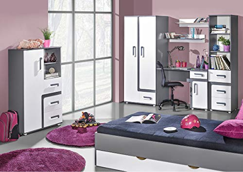 QMM TraumMoebel Jugendzimmer Kinderzimmer komplett Alex Set H Farbauswahl Fronten weiß Schrank Schreibtisch Standregal Kommode Wandregal Bett mit Bettschublade NEU