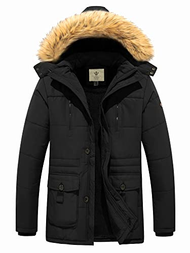 WenVen Men's Winter Hooded Windproof Jacket Casual Cotton Outerwear Coat Thickened Mid-Length Jacket Warm Fleece Lining Coat Black XL
