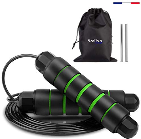 Springseil, Sport, Crossfit, Boxen und Fitness – verstellbar, schwer (Gewicht), Kugellager (Geschwindigkeit) – Erwachsene & Kinder – Tasche + E-Book (grün)