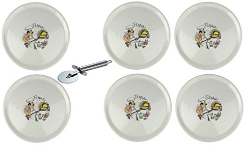 Saturnia Assiette à pizza XXL en porcelaine avec différents motifs + roulette à pizza en acier inoxydable (6 pièces, pâtisserie à pizza Ø 31 cm)