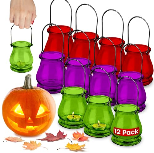 volila Halloween Hanging Tealight Holders - 12 Pack Spooky Glass Candle Holders for Indoor and Outdoor Haunted Décor - Perfect for Eerie Lighting, Creepy Hanging Decorations and Pumpkins