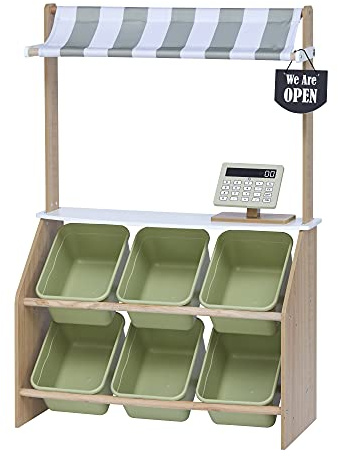 Teamson Kids Little Helper Fai Finta di Giocare al Mercato in Legno Stand di generi Alimentari Gioco di Ruolo Set di Giocattoli per Bambini con funzioni interattive e 6 Accessori Verde TD-13638A