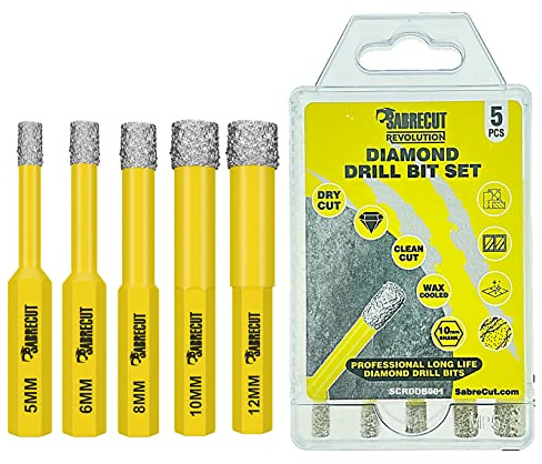 SabreCut 5pcs SCRDDB001 5-12mm Quick Change Diamond Drill Bit Set | Self-cooling, self-sharpening diamond grit provides long-life, chip-free drilling in porcelain, granite, marble and cement