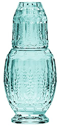 Elle Decor Vintage Bedside Water Carafe with Tumbler Glass – Elegant Pitcher and Matching Drinking Cup Doubles As Lid (Green)